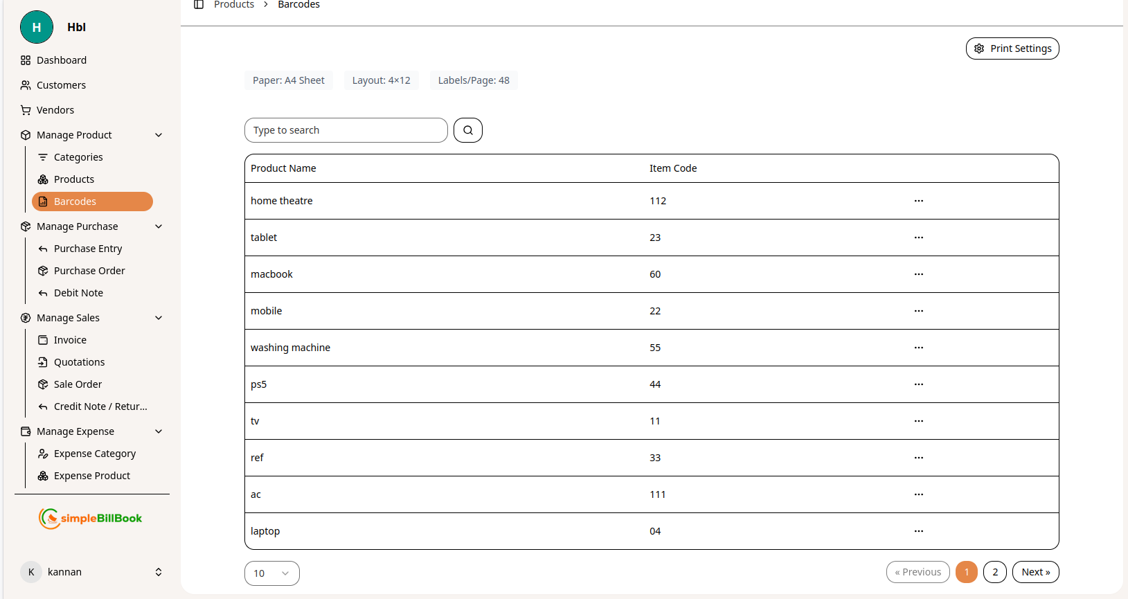 Barcode Management Interface