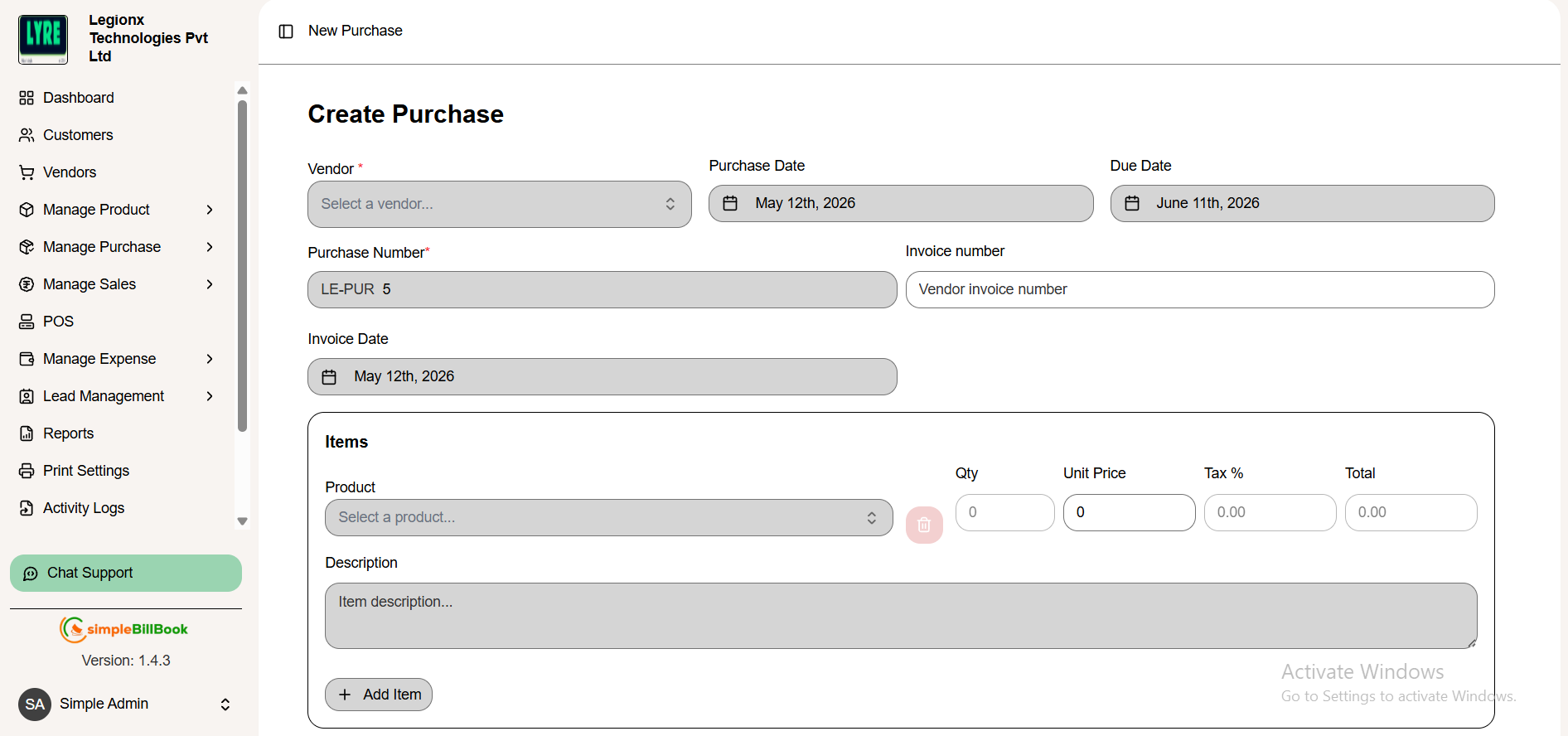 Purchase Creation Form