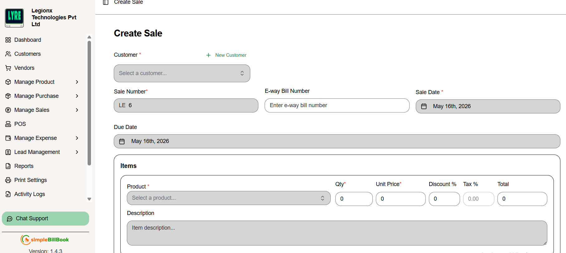 Create Sale Form