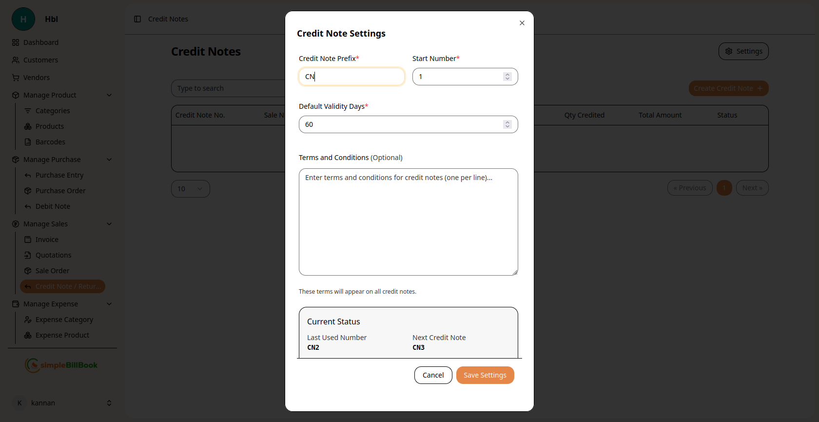 Credit Note Settings