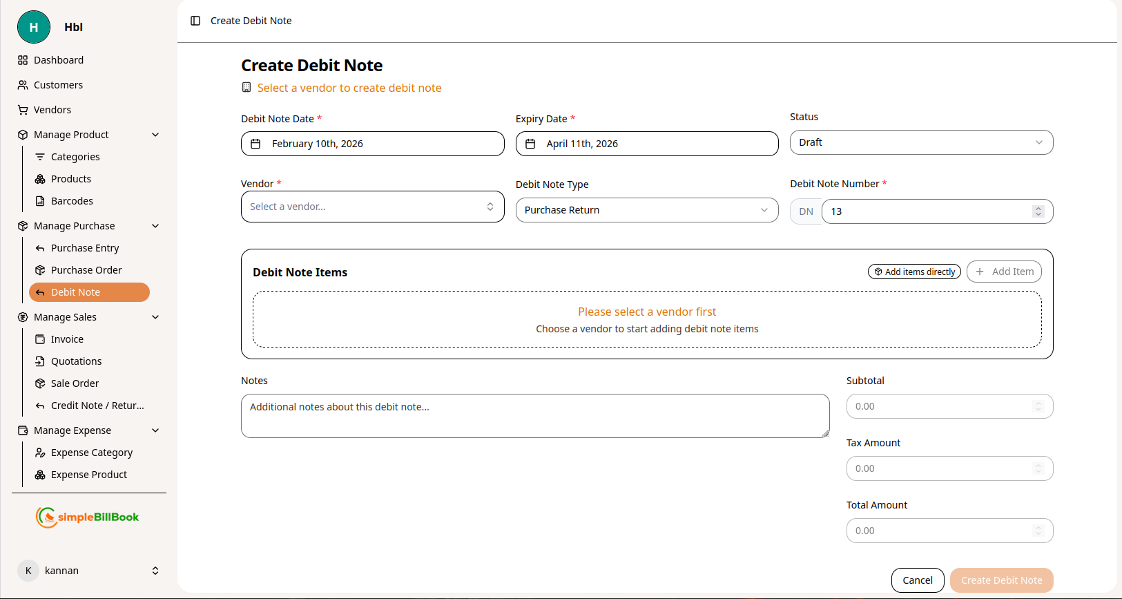 Create Debit Note Form