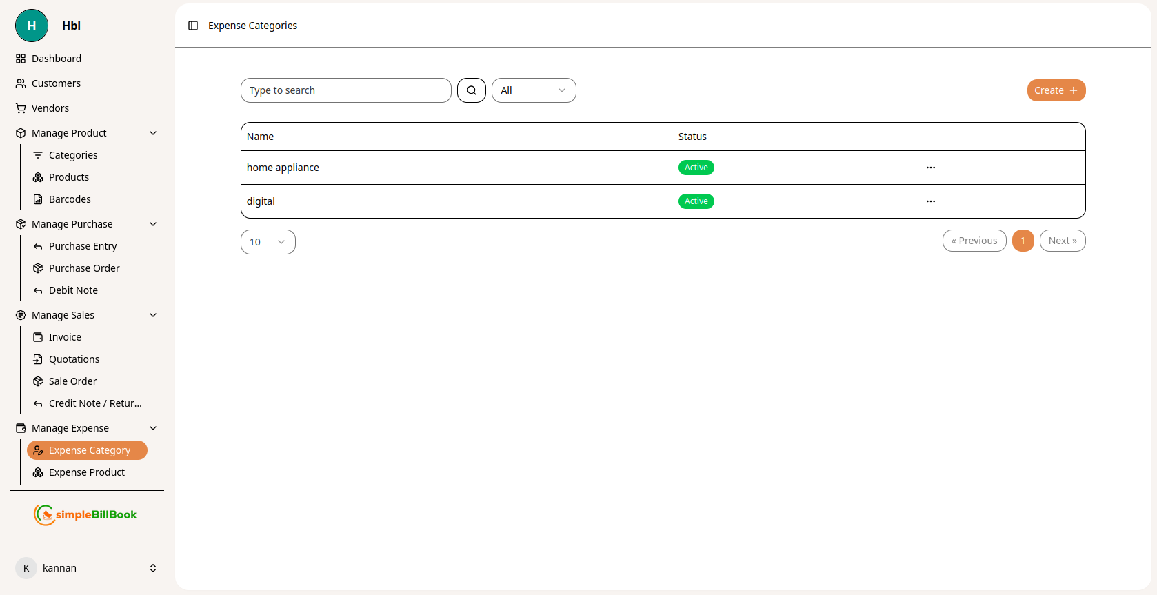 Expense Categories List