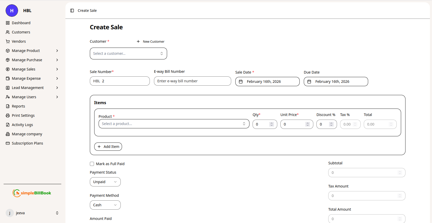 Create Sale Form