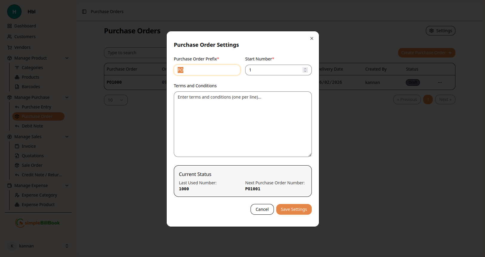 Purchase Order Settings