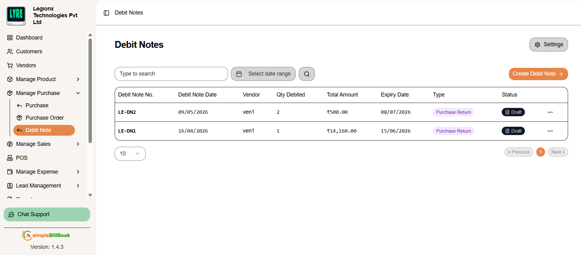 Debit Notes List