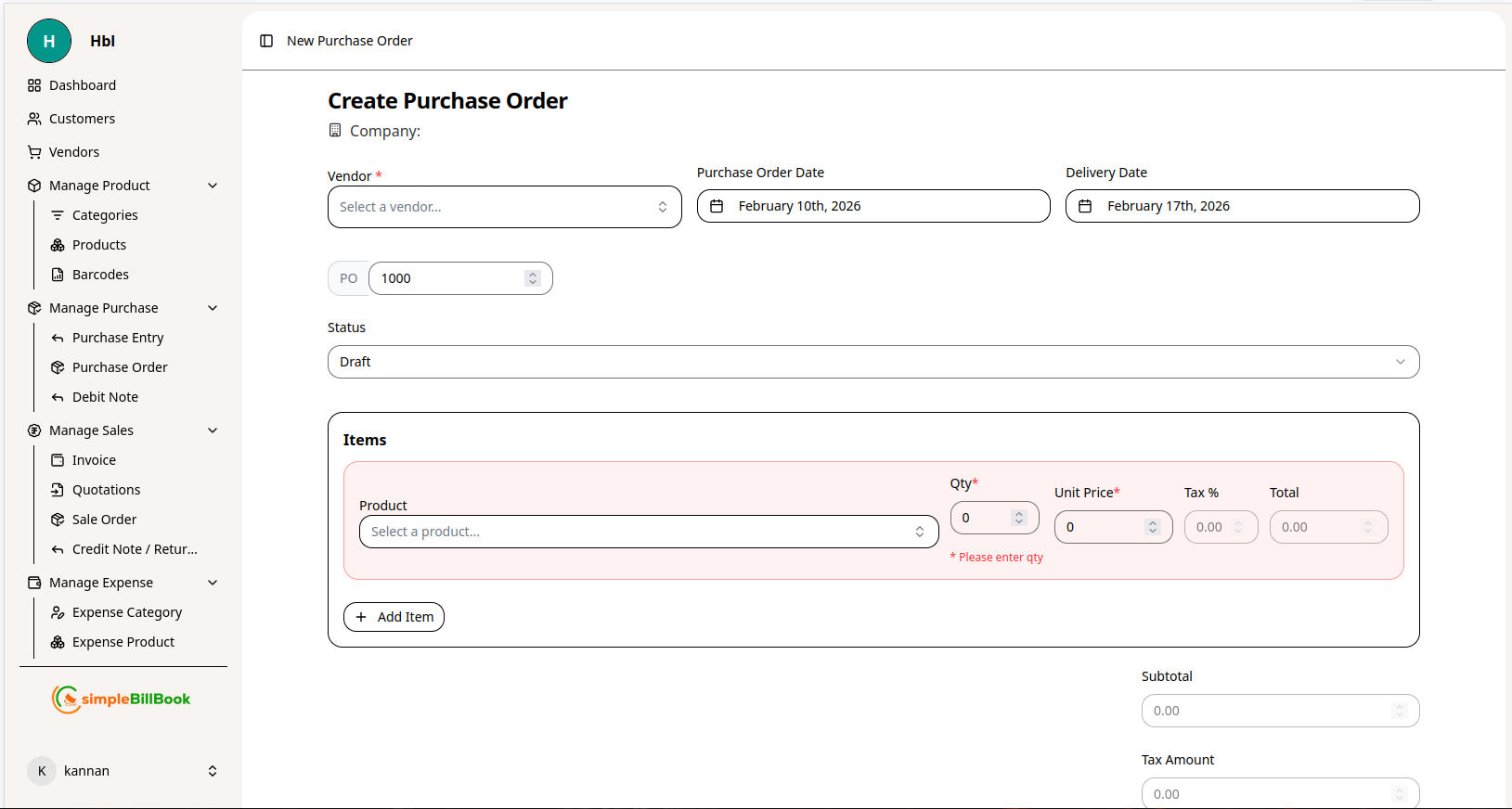புதிய கொள்முதல் ஆர்டர் படிவம்
