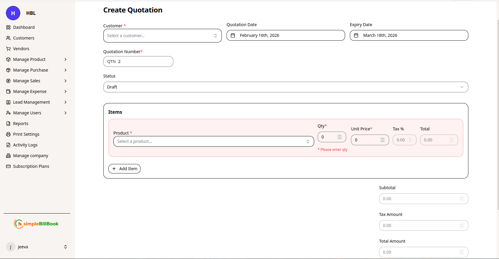 புதிய மேற்கோள் படிவம்